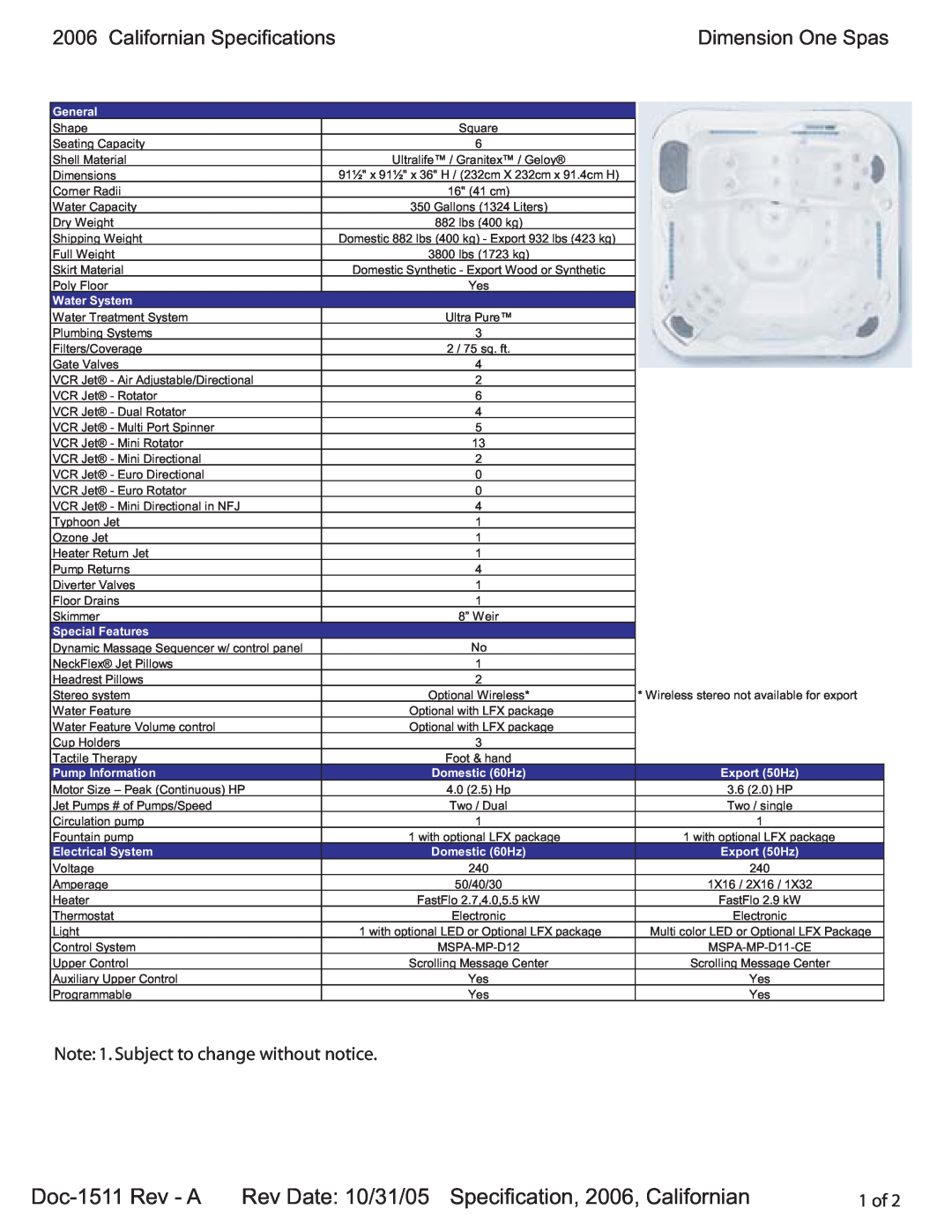 Dimension One Spas Californian specifications Doc-1511Rev - A, 1 of, General, Water System, Special Features, Export 50Hz 