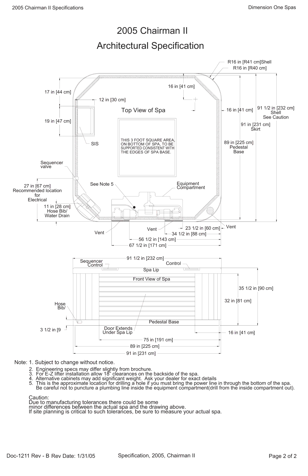 Dimension One Spas Chairman II Chairman Architectural Specification, Top View of Spa, Sis, Supported Consistent with 