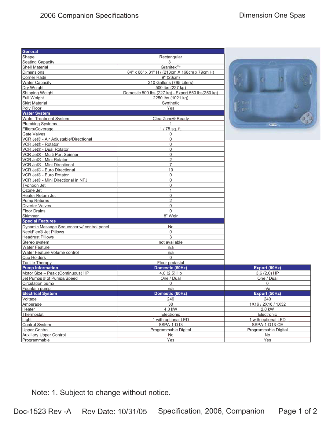 Dimension One Spas specifications Companion Specifications Dimension One Spas 