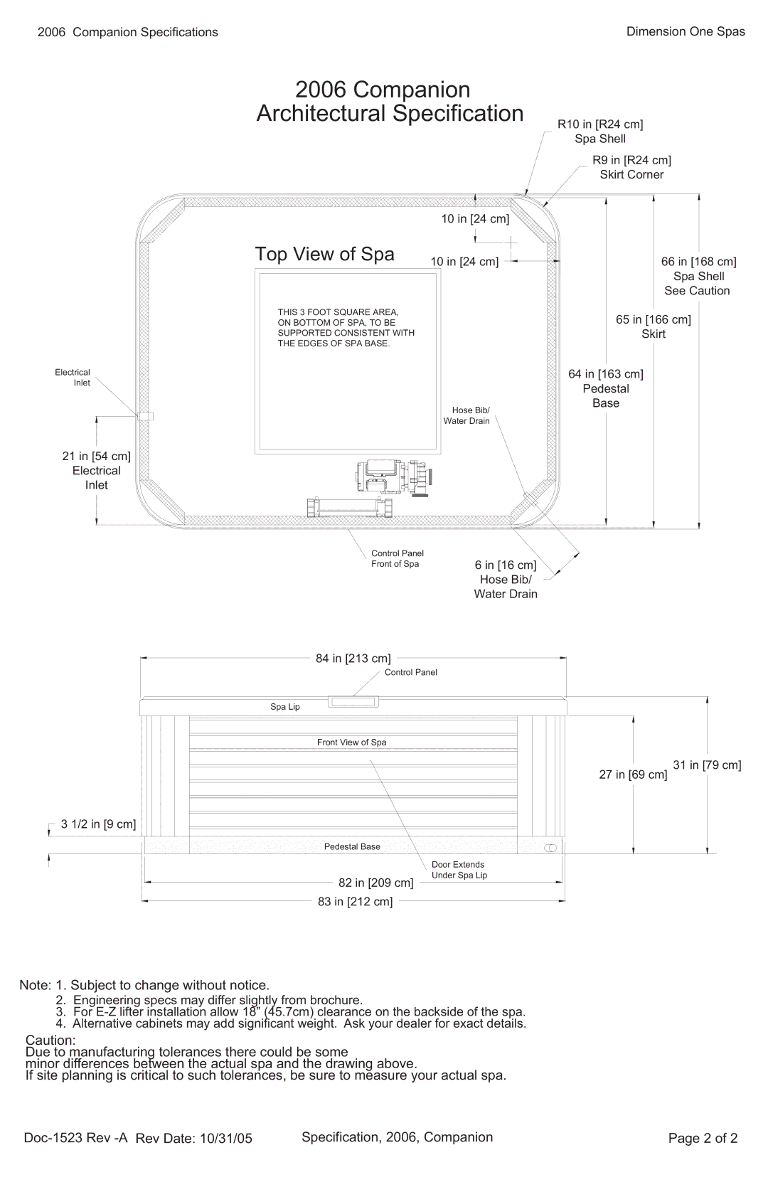 Dimension One Spas specifications Companion Architectural Specification, Top View of Spa 