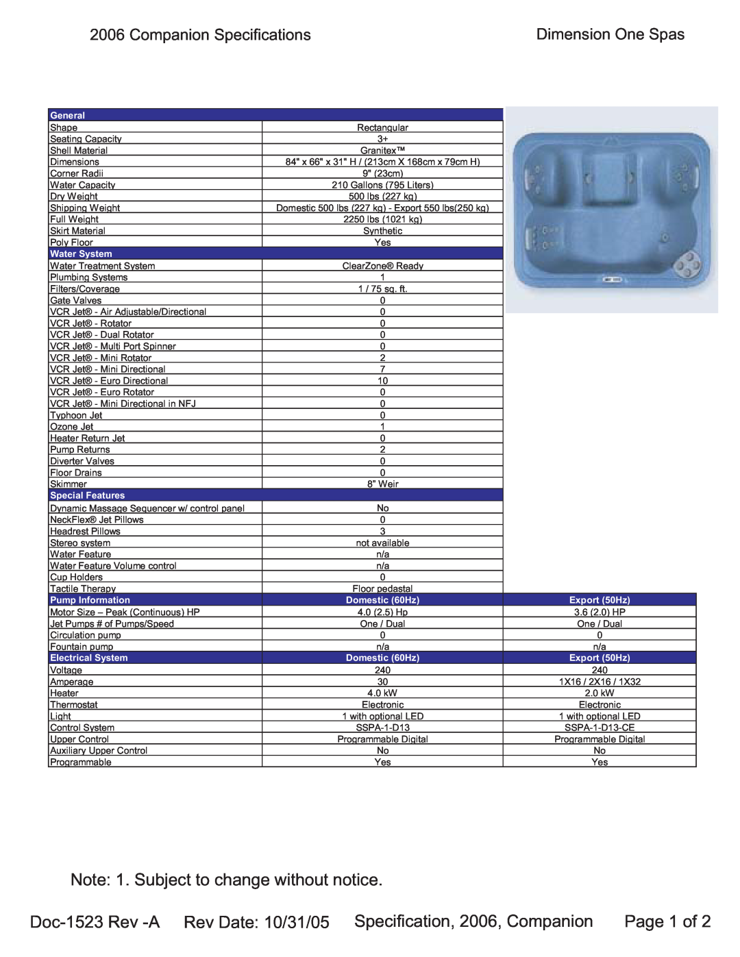 Dimension One Spas Companion specifications Note 1. Subject to change without notice, Page 1 of, General, Water System 
