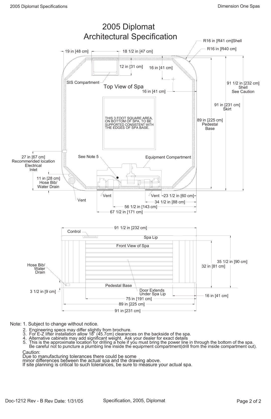 Dimension One Spas specifications Diplomat Architectural Specification, Top View of Spa 