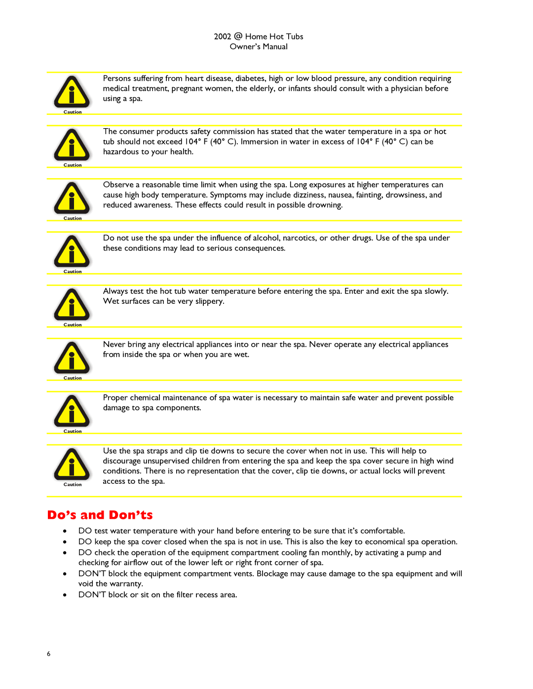 Dimension One Spas Dream HP, Cove manual Do’s and Don’ts 