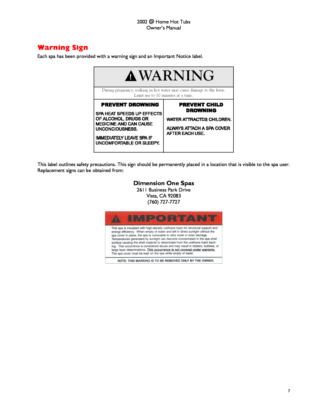 Dimension One Spas Cove, Dream HP manual Warning Sign, Dimension One Spas 