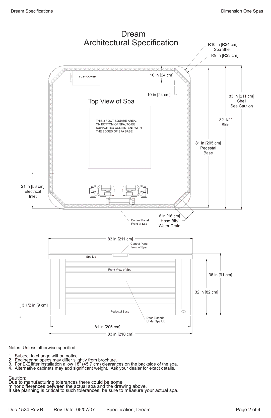 Dimension One Spas specifications Dream Architectural Specification, Top View of Spa 