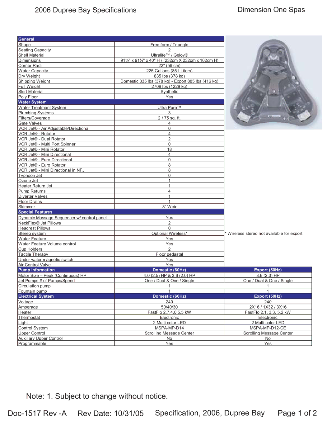 Dimension One Spas specifications Dupree Bay Specifications Dimension One Spas 