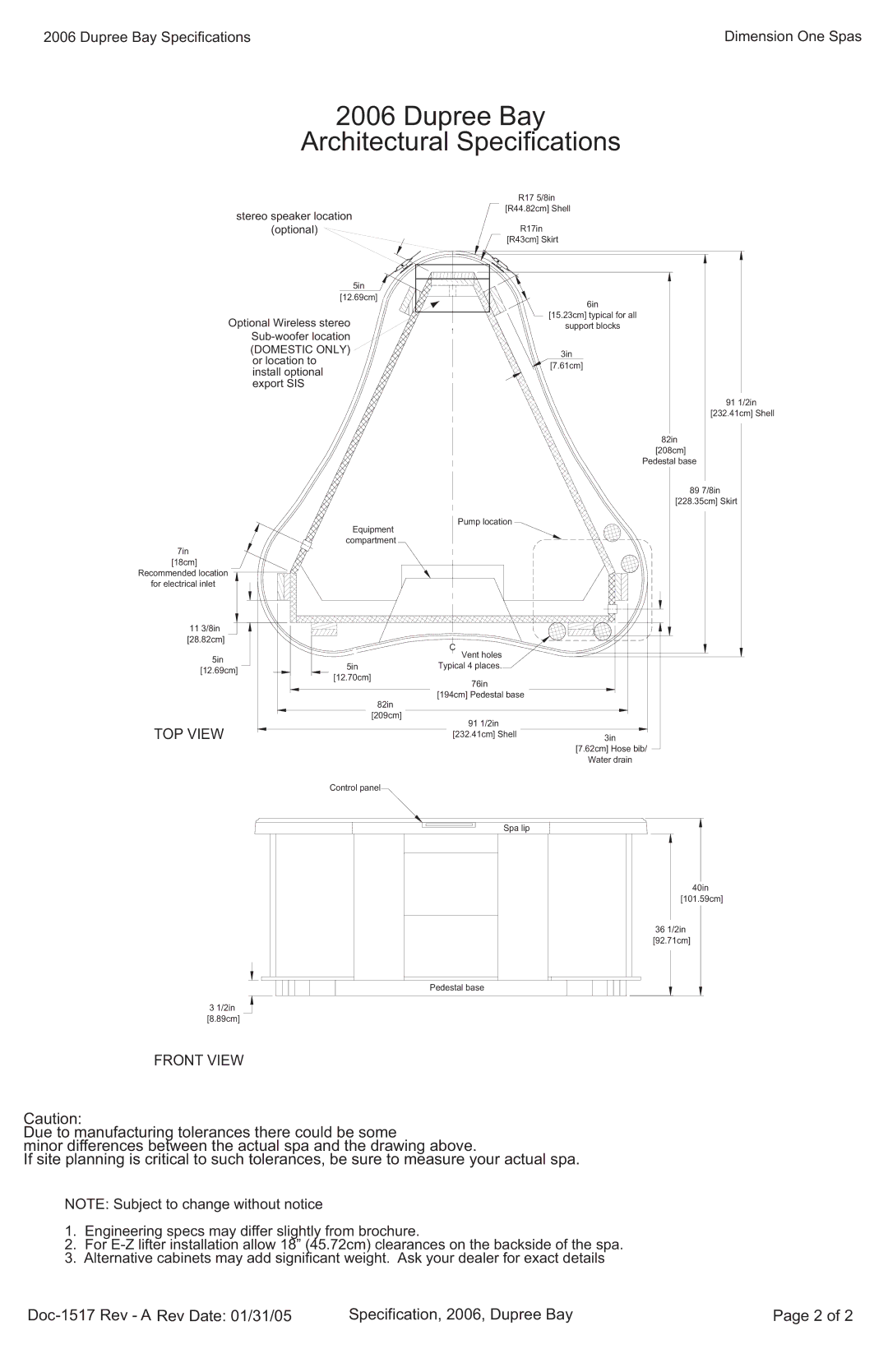 Dimension One Spas specifications Dupree Bay Architectural Specifications 