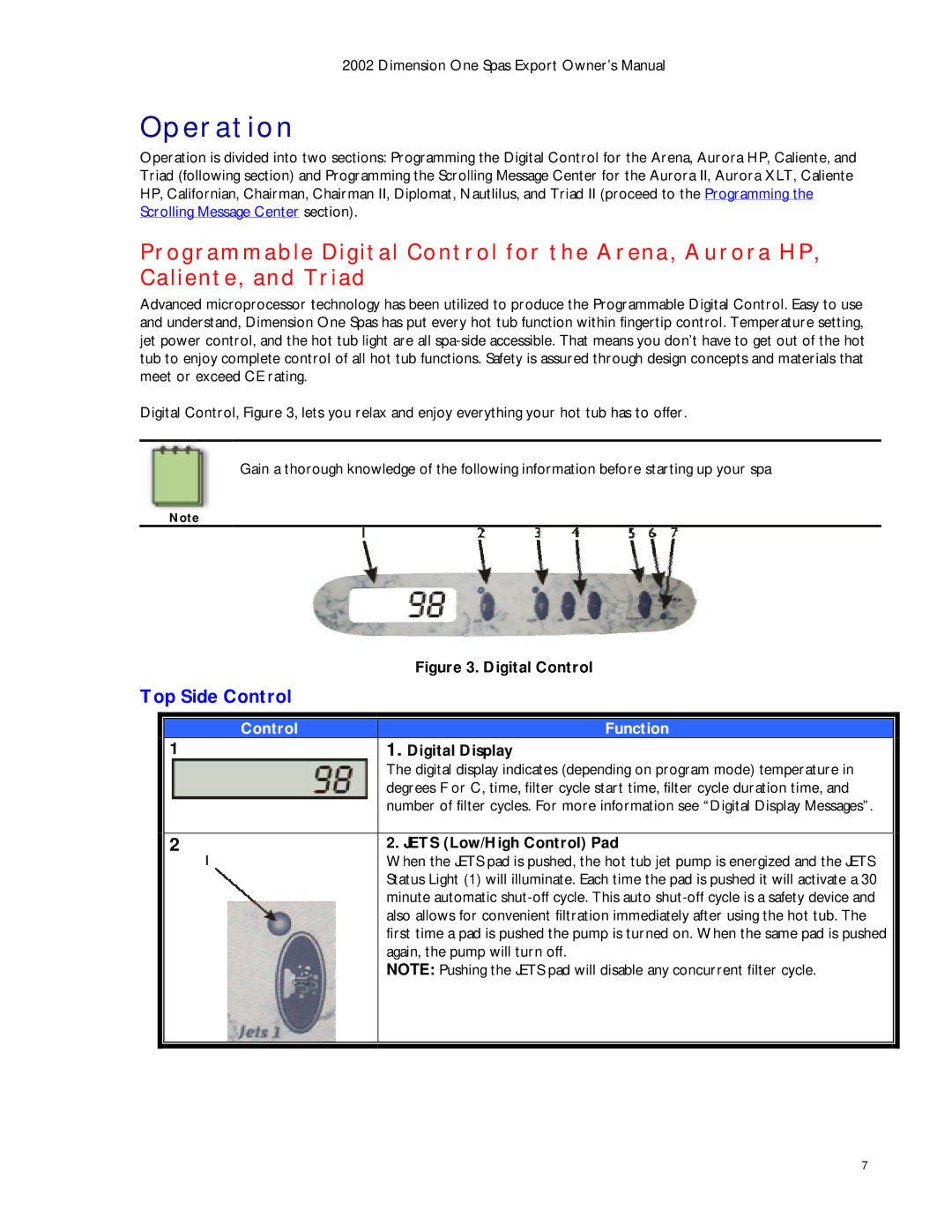 Dimension One Spas Dynamic Massage Sequencer manual Operation, Top Side Control, Digital Display, Jets Low/High Control Pad 