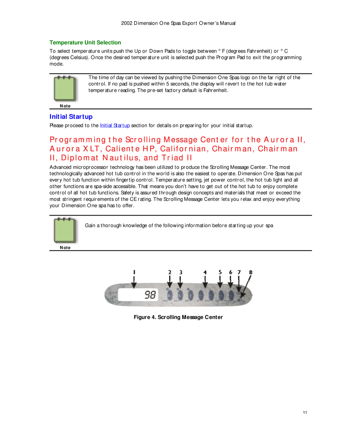 Dimension One Spas Dynamic Massage Sequencer manual Initial Startup, Temperature Unit Selection 