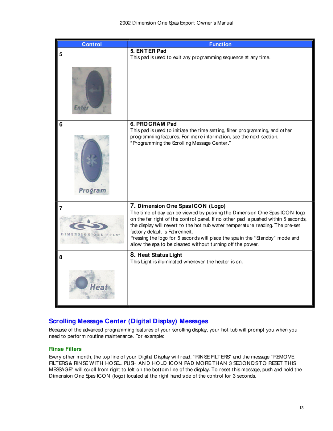 Dimension One Spas Dynamic Massage Sequencer Scrolling Message Center Digital Display Messages, Enter Pad, Rinse Filters 