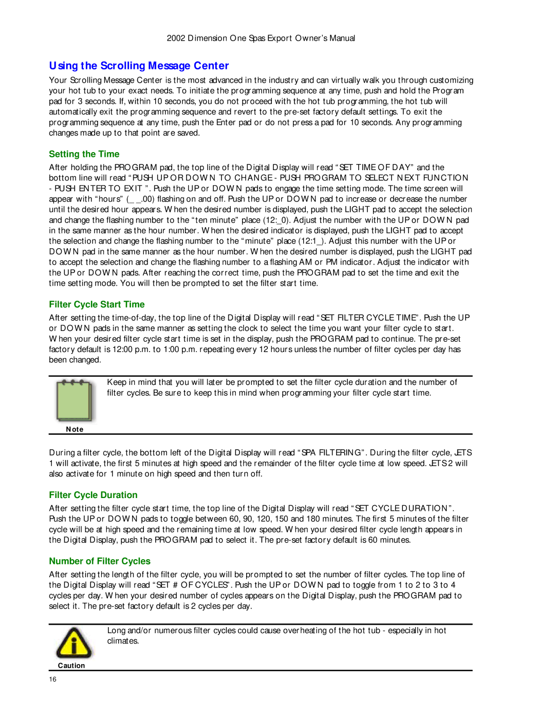 Dimension One Spas Dynamic Massage Sequencer manual Using the Scrolling Message Center, Setting the Time 