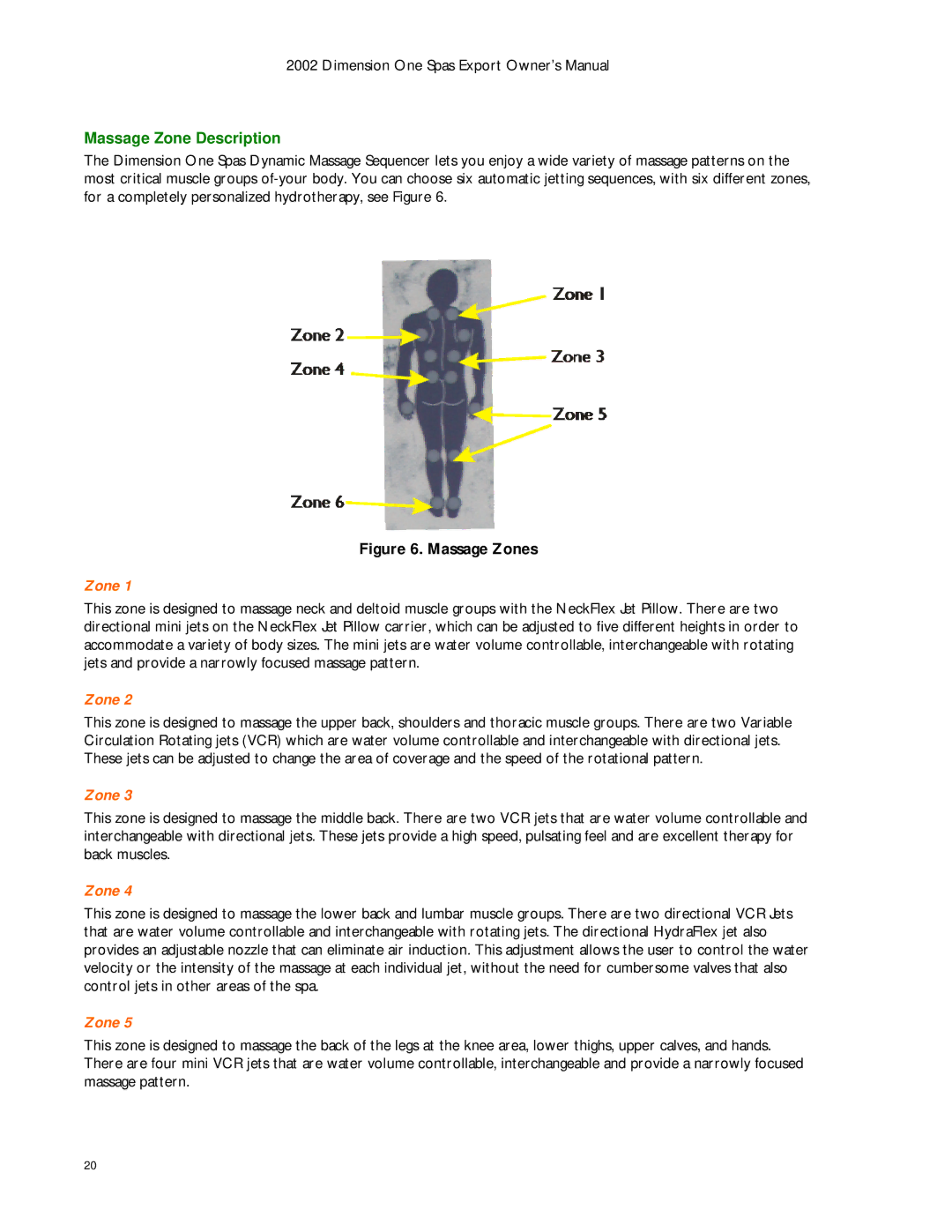 Dimension One Spas Dynamic Massage Sequencer manual Massage Zone Description, Massage Zones 