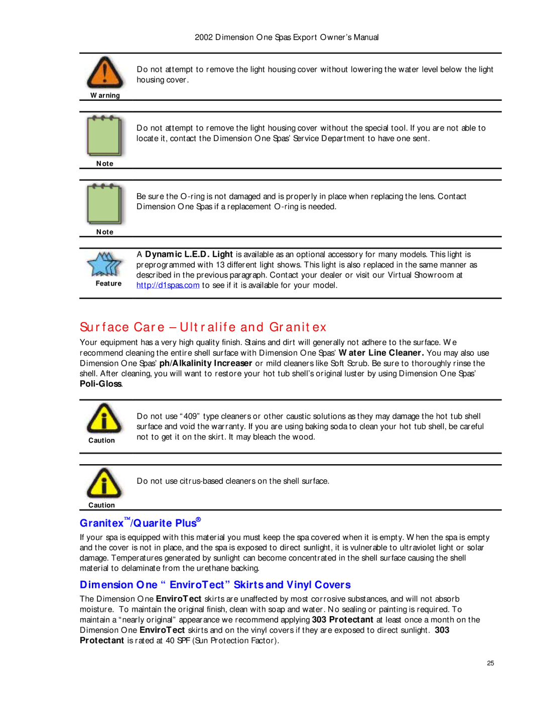 Dimension One Spas Dynamic Massage Sequencer manual Surface Care Ultralife and Granitex, Granitex/Quarite Plus 