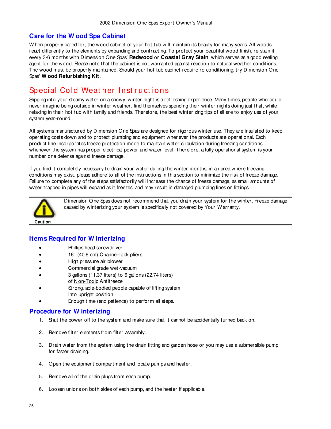 Dimension One Spas Dynamic Massage Sequencer manual Special Cold Weather Instructions, Care for the Wood Spa Cabinet 