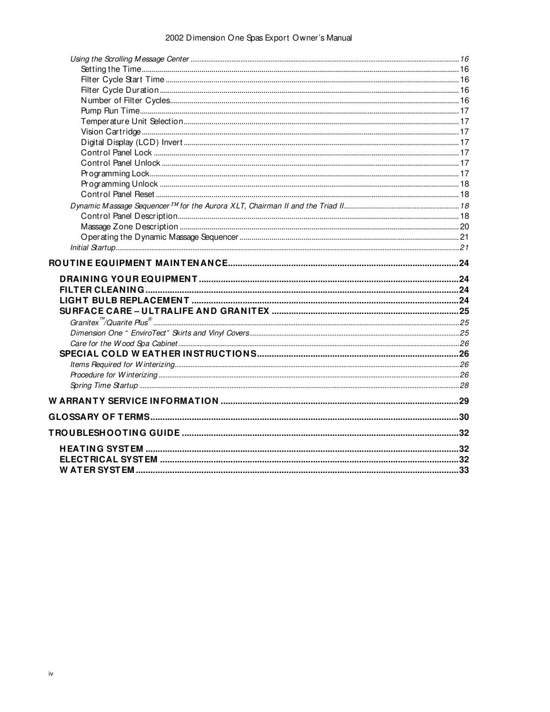 Dimension One Spas Dynamic Massage Sequencer manual Surface Care Ultralife and Granitex 