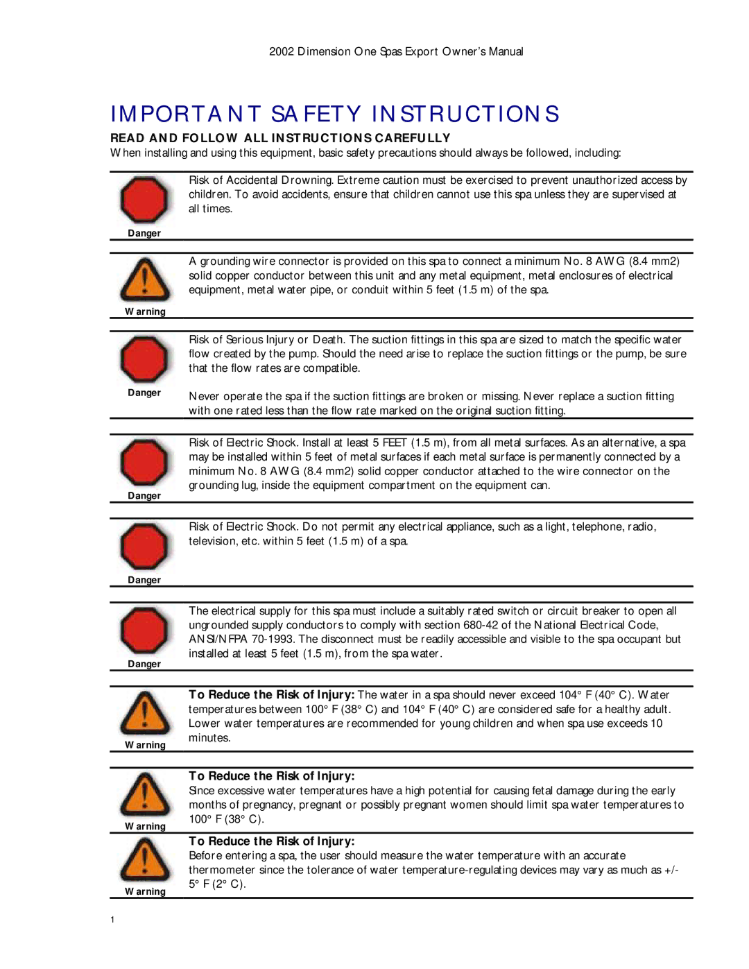 Dimension One Spas Dynamic Massage Sequencer manual Important Safety Instructions, To Reduce the Risk of Injury 