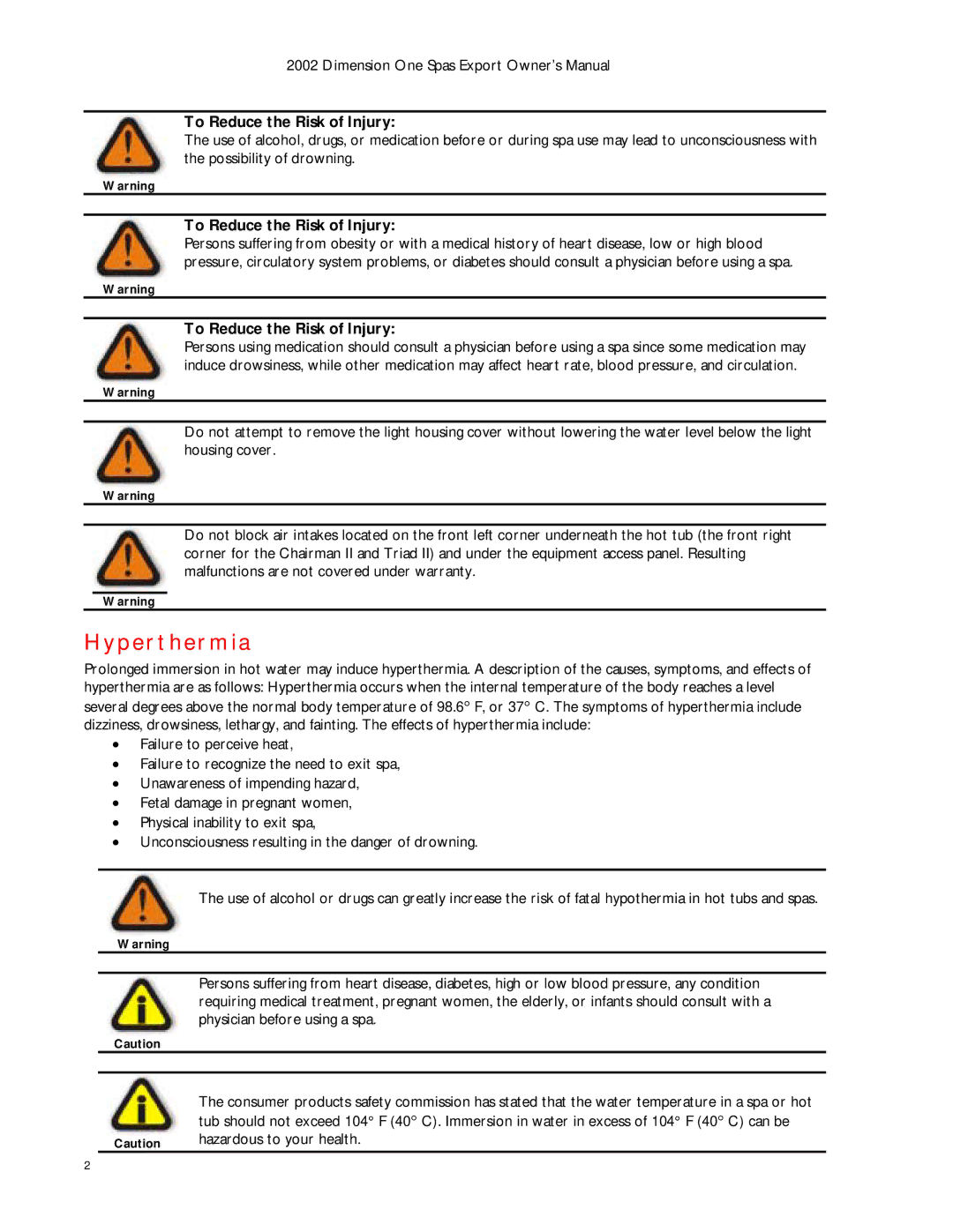 Dimension One Spas Dynamic Massage Sequencer manual Hyperthermia, Hazardous to your health 