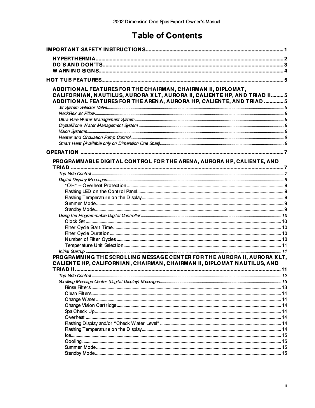 Dimension One Spas Dynamic Massage Sequencer manual Table of Contents 