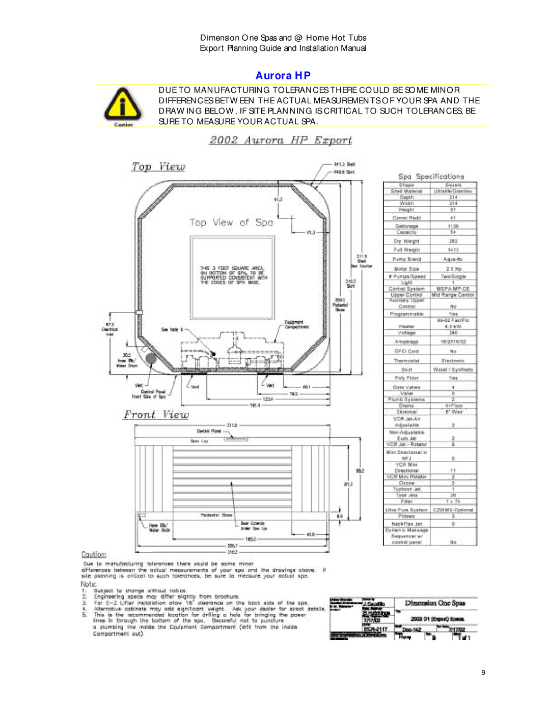 Dimension One Spas Home Hot Tubs manual Aurora HP 