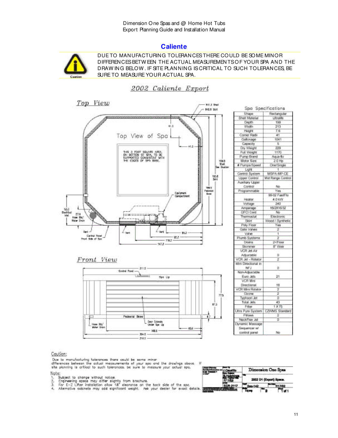 Dimension One Spas Home Hot Tubs manual Caliente 