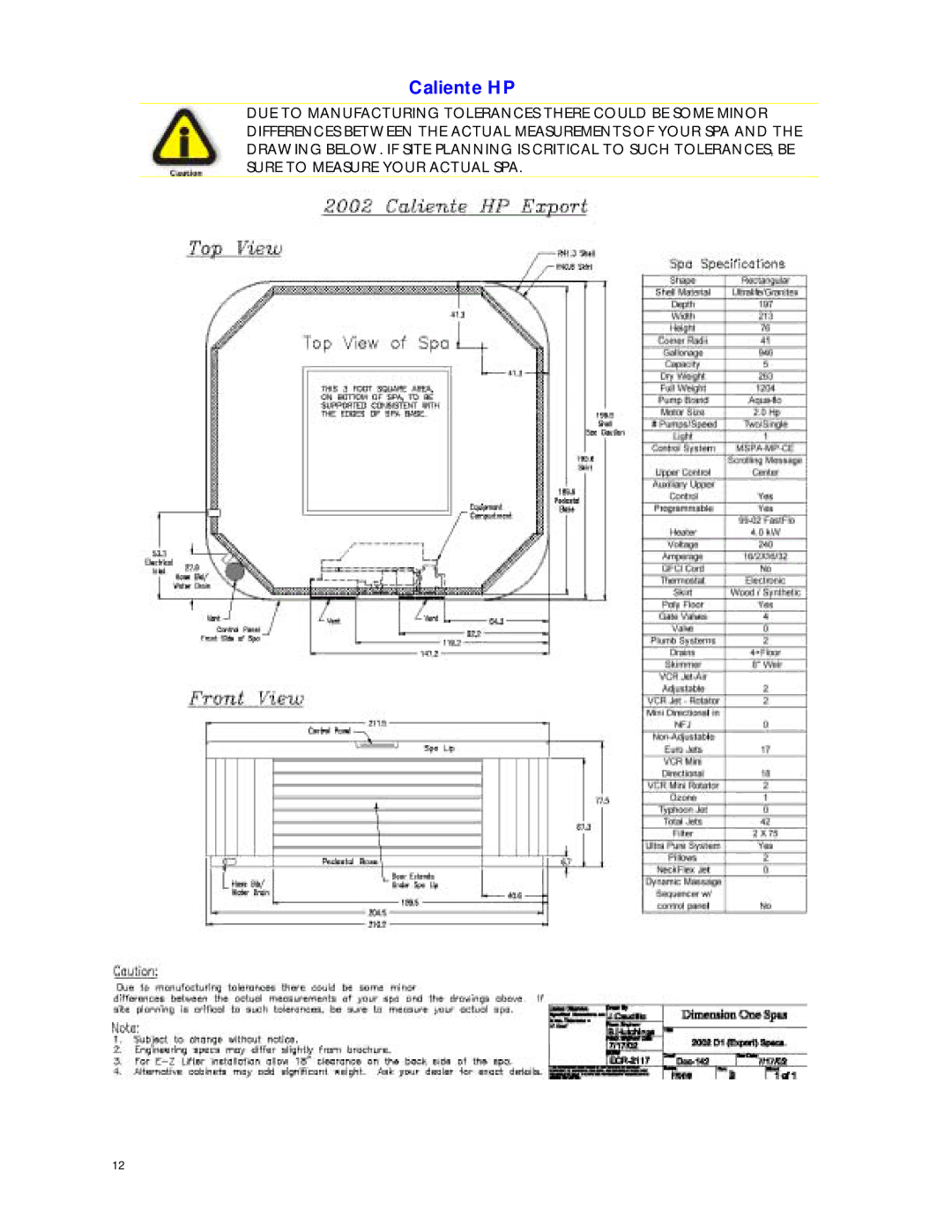 Dimension One Spas Home Hot Tubs manual Caliente HP 