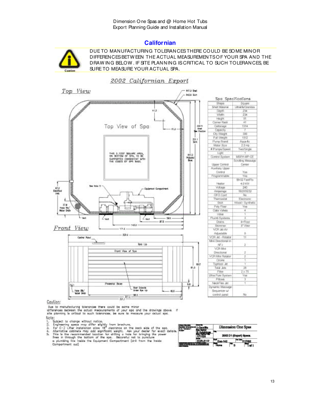 Dimension One Spas Home Hot Tubs manual Californian 