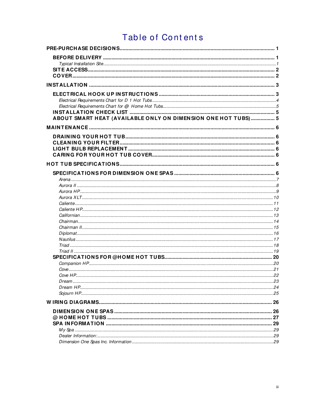 Dimension One Spas Home Hot Tubs manual Table of Contents 