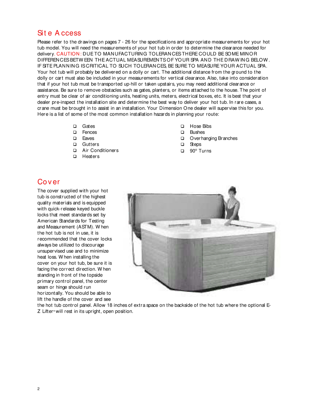 Dimension One Spas Home Hot Tubs manual Site Access, Cover 