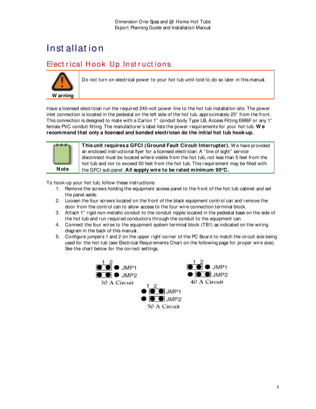 Dimension One Spas Home Hot Tubs manual Installation, Electrical Hook Up Instructions 