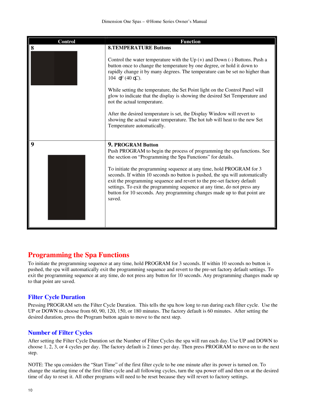 Dimension One Spas Home Series owner manual Programming the Spa Functions, Filter Cycle Duration, Number of Filter Cycles 