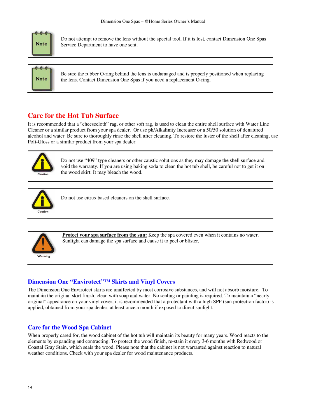 Dimension One Spas Home Series owner manual Care for the Hot Tub Surface, Dimension One Envirotect Skirts and Vinyl Covers 