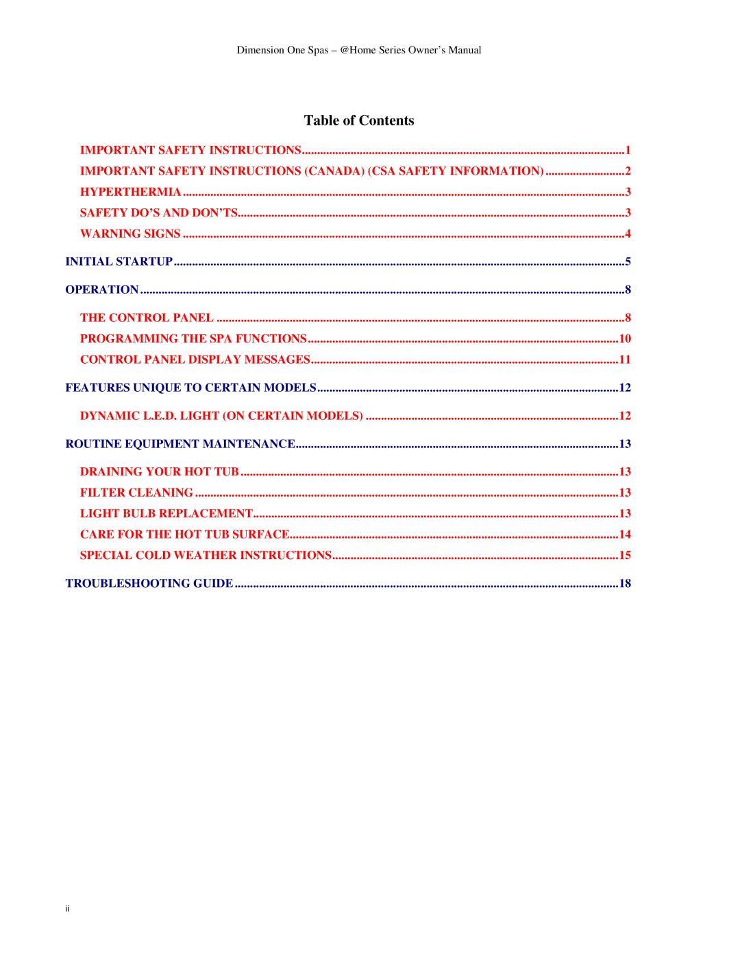 Dimension One Spas Home Series owner manual Table of Contents 