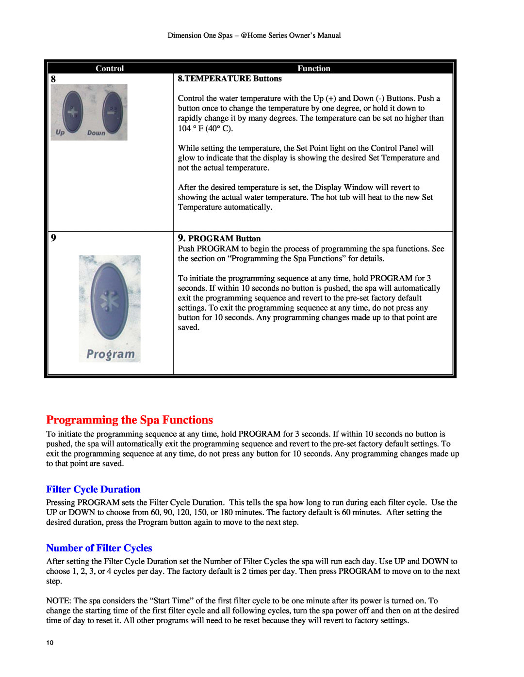Dimension One Spas Home Series Programming the Spa Functions, Filter Cycle Duration, Number of Filter Cycles, Control 