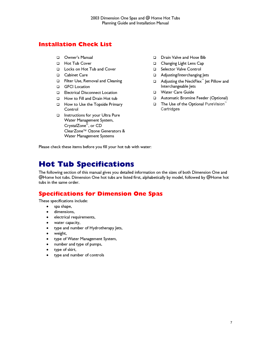 Dimension One Spas manual Hot Tub Specifications 