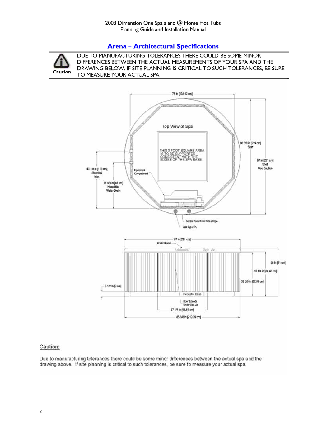 Dimension One Spas Hot Tub manual Arena Architectural Specifications 