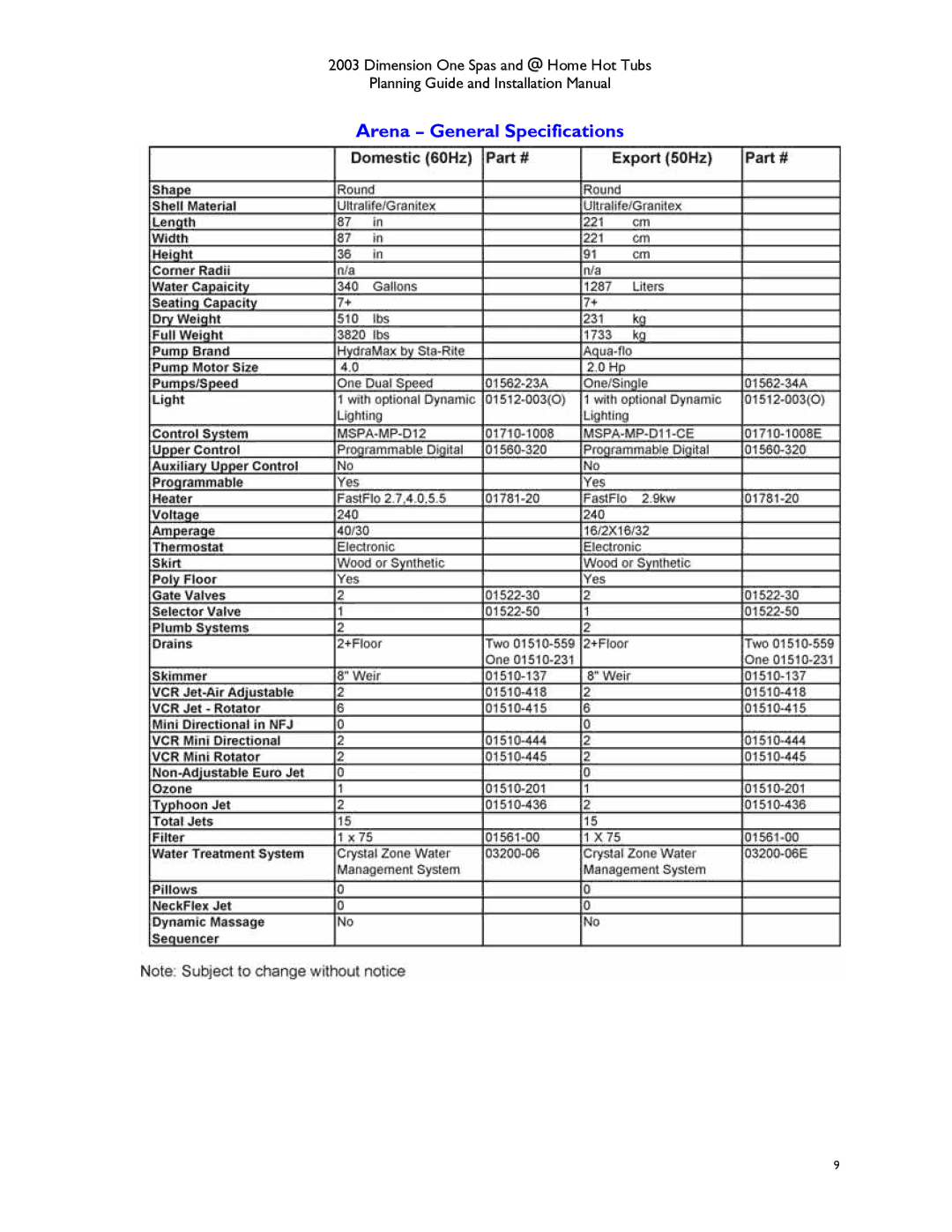 Dimension One Spas Hot Tub manual Arena General Specifications 