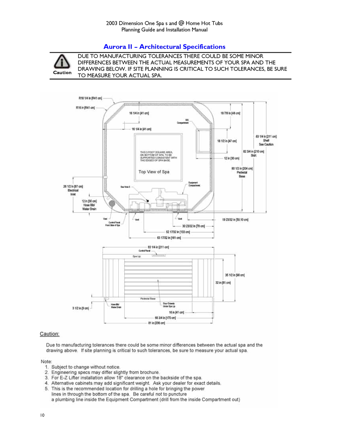 Dimension One Spas Hot Tub manual Aurora II Architectural Specifications 