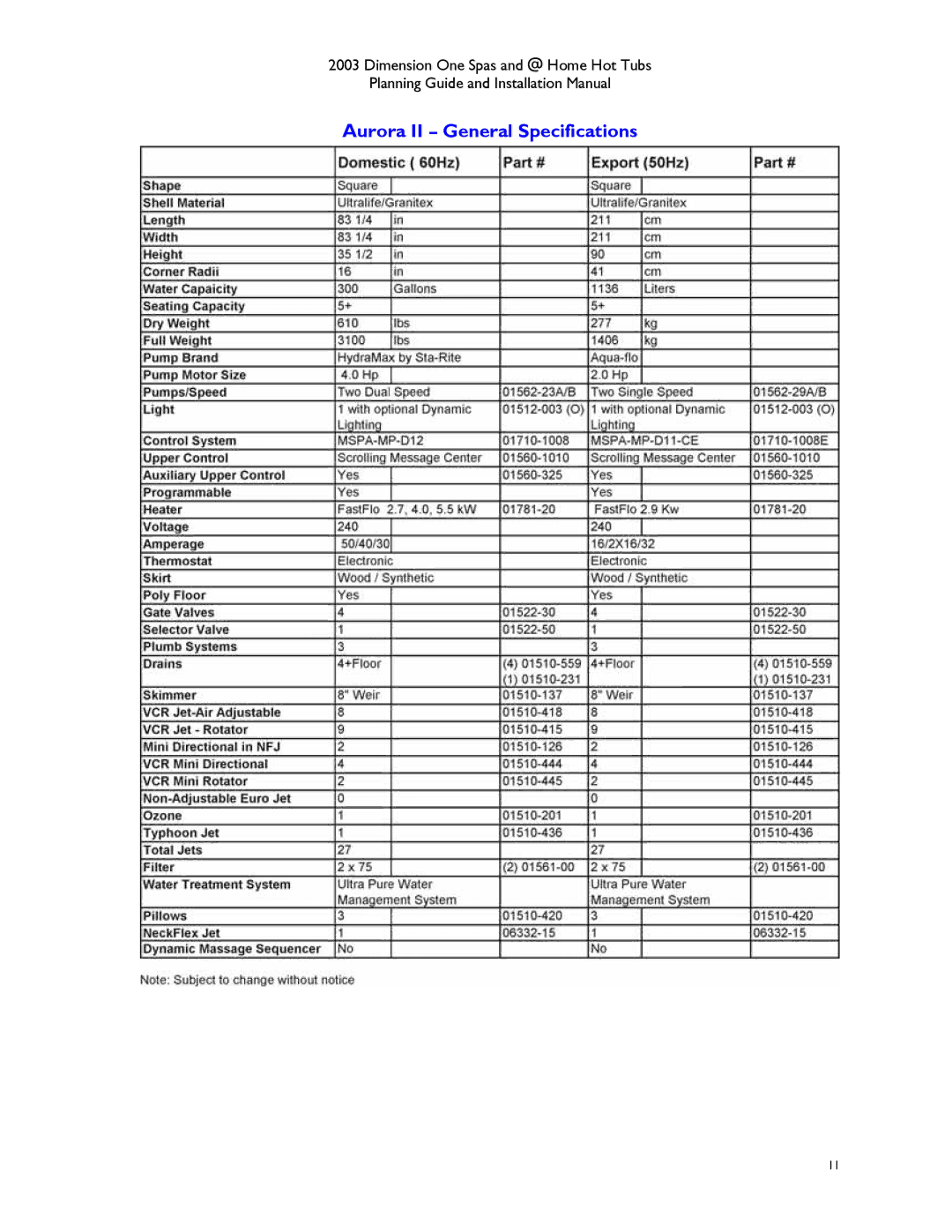 Dimension One Spas Hot Tub manual Aurora II General Specifications 