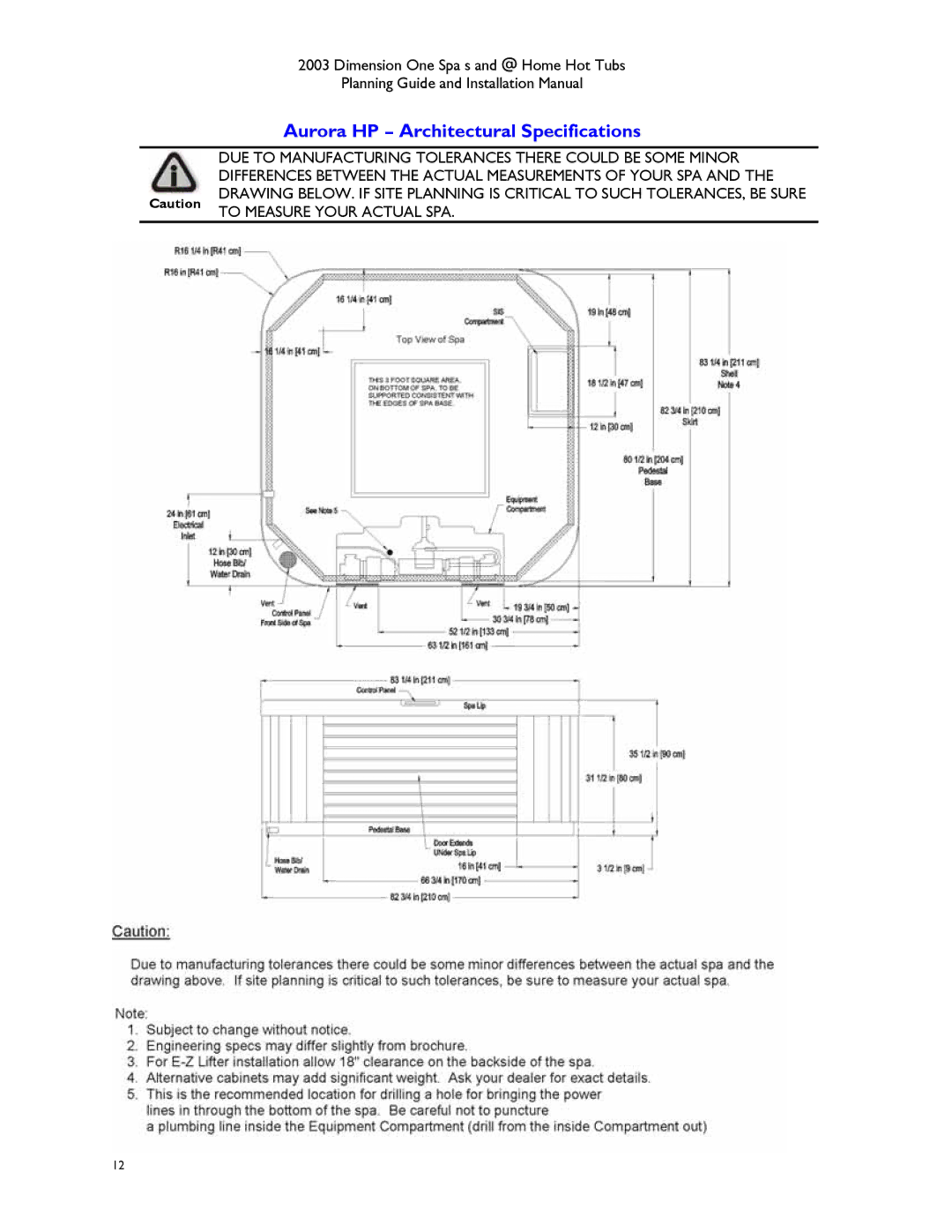 Dimension One Spas Hot Tub manual Aurora HP Architectural Specifications 