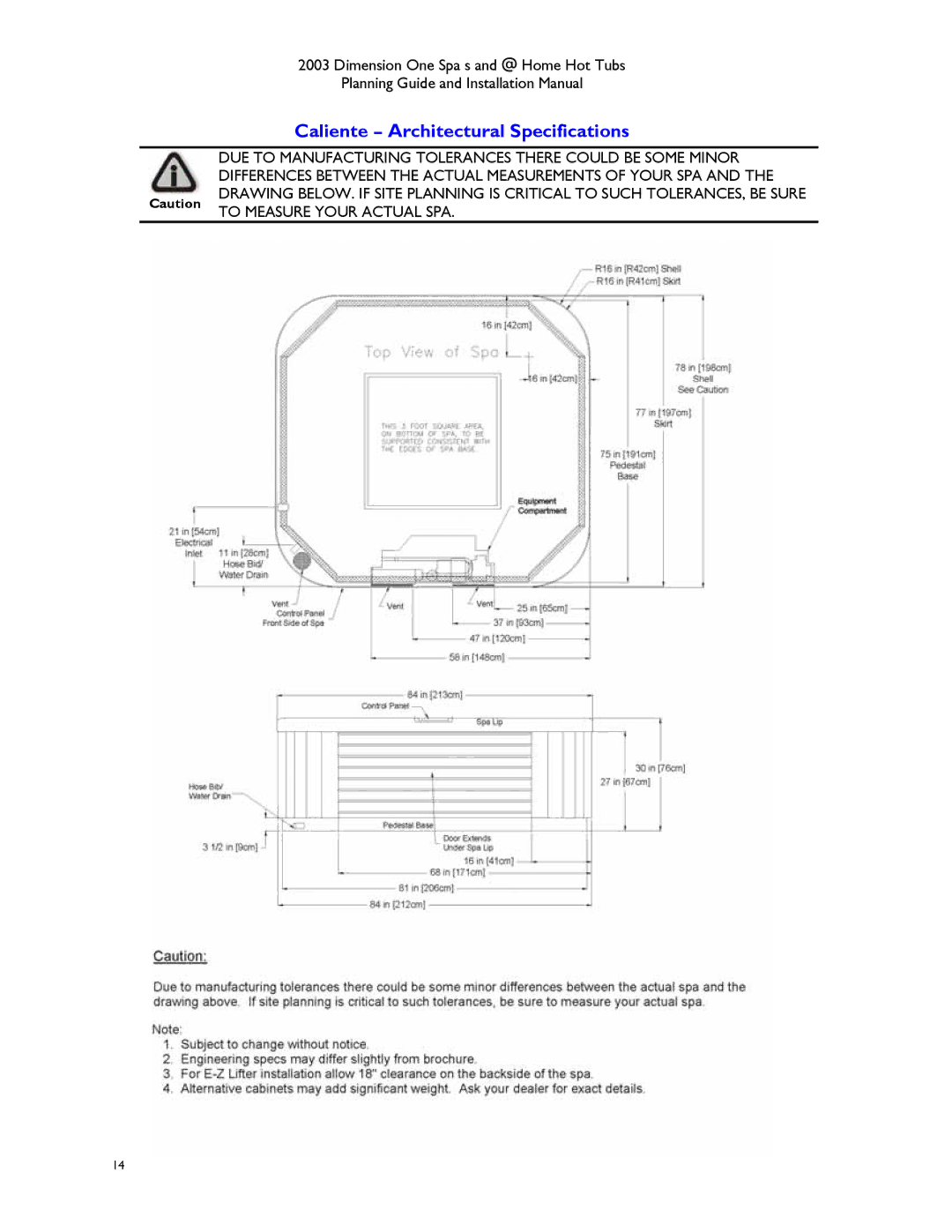 Dimension One Spas Hot Tub manual Caliente Architectural Specifications 