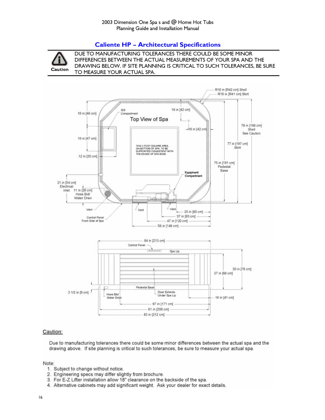 Dimension One Spas Hot Tub manual Caliente HP Architectural Specifications 