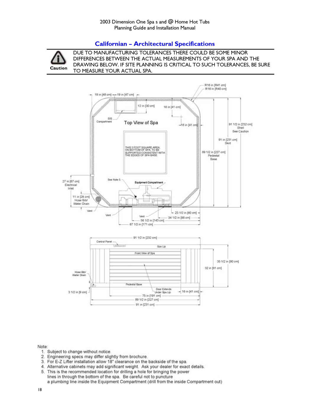 Dimension One Spas Hot Tub manual Californian Architectural Specifications 