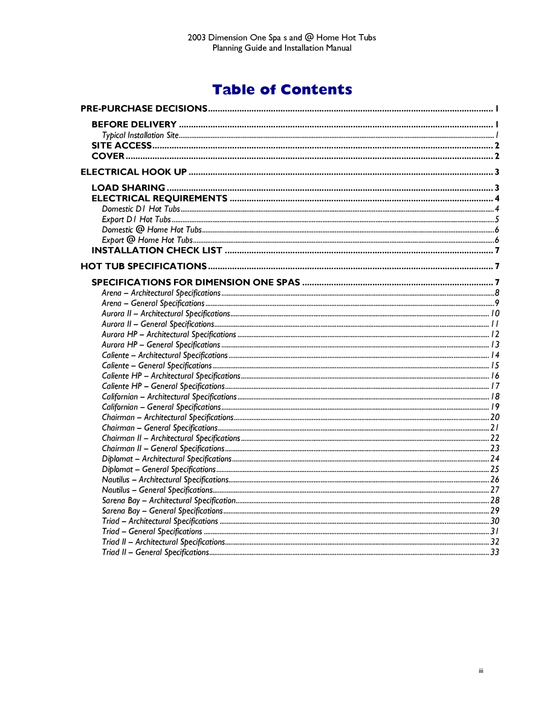 Dimension One Spas Hot Tub manual Table of Contents 