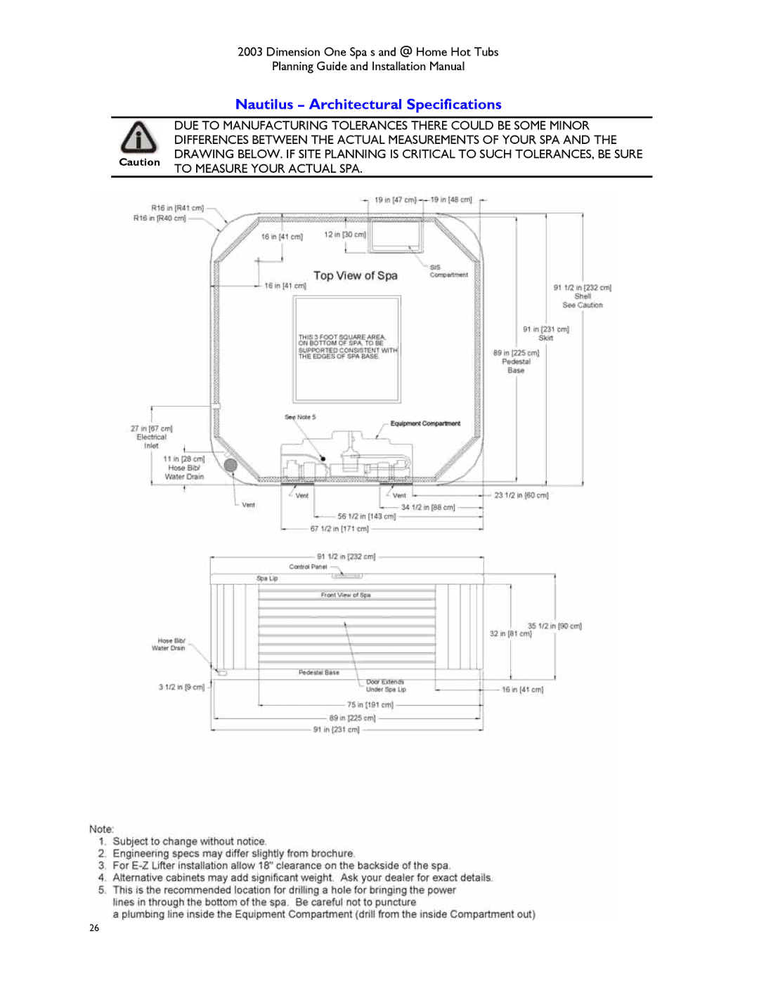 Dimension One Spas Hot Tub manual Nautilus Architectural Specifications 