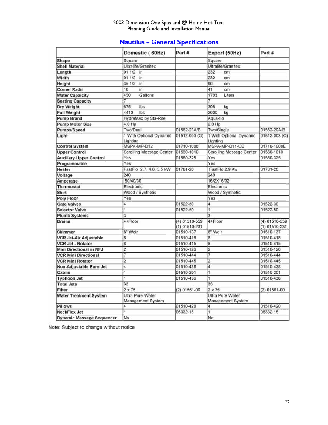 Dimension One Spas Hot Tub manual Nautilus General Specifications 