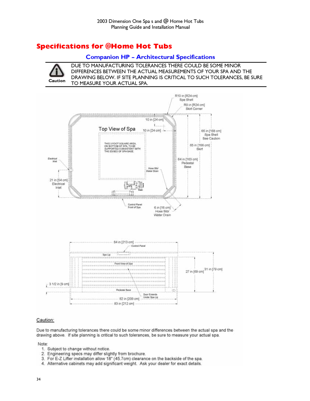 Dimension One Spas manual Specifications for @Home Hot Tubs, Companion HP Architectural Specifications 