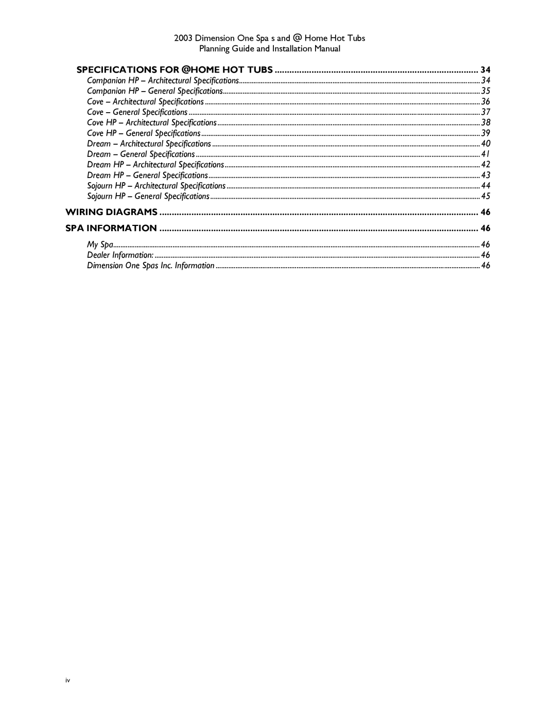 Dimension One Spas Hot Tub manual Specifications for @HOME HOT Tubs 