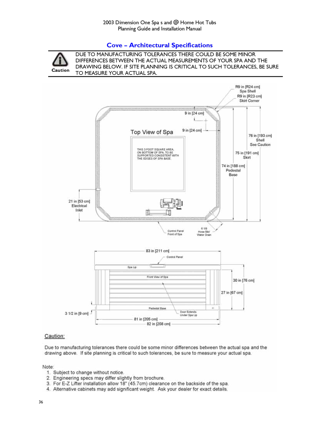 Dimension One Spas Hot Tub manual Cove Architectural Specifications 