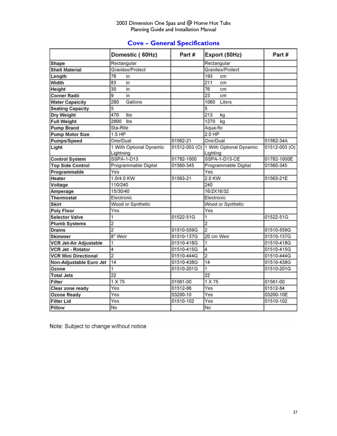 Dimension One Spas Hot Tub manual Cove General Specifications 