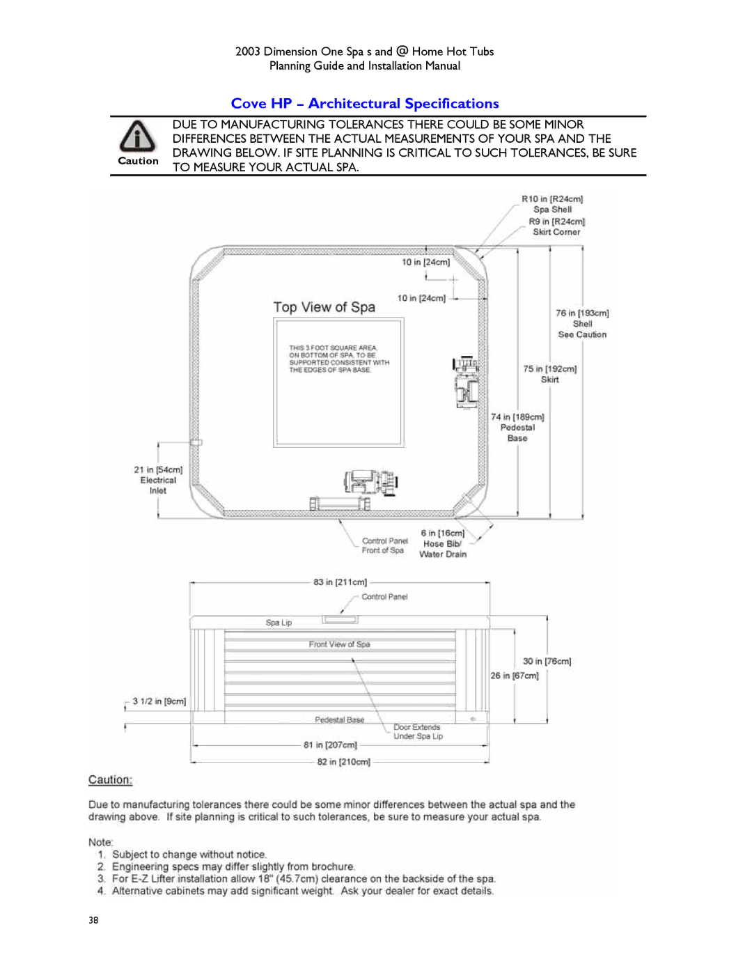 Dimension One Spas Hot Tub manual Cove HP Architectural Specifications 